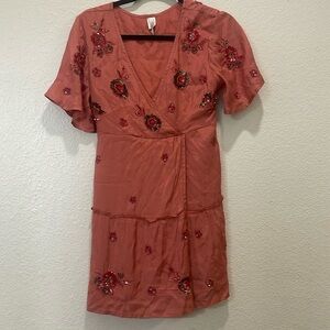 Anthropologie Raga Red Embellished Sequin Faux Wrap Dress S